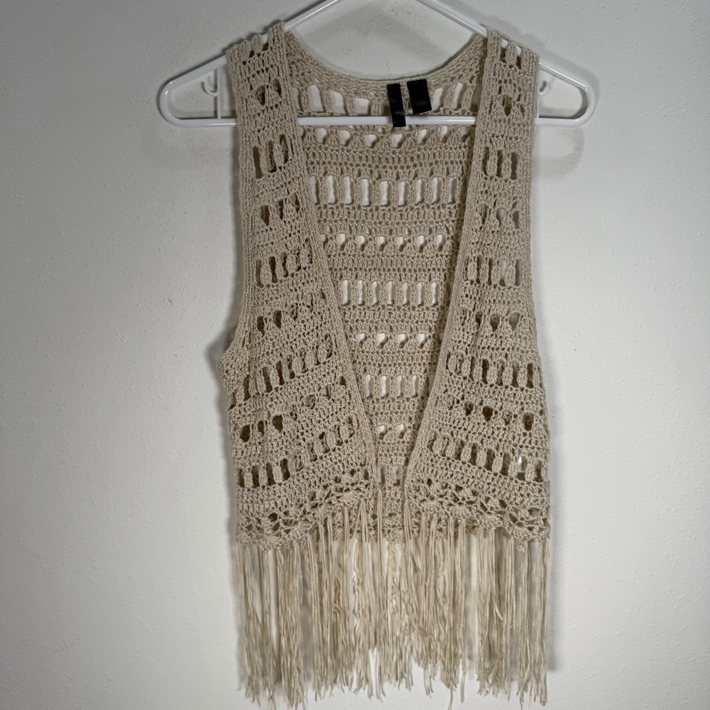 Full Tilt Crochet Knit Vest Fringe Womens Sz L/XL Natural/Beige Festival Boho